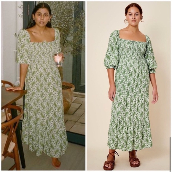 Faithfull The Brand Le Galet Midi Dress Sable Paisley Green Smocked Square Neck - Picture 9 of 10